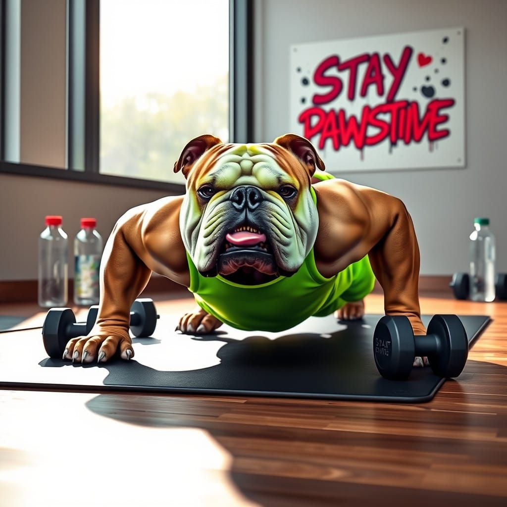 Fitness Bulldog Crushes Gym Workout in Neon Style