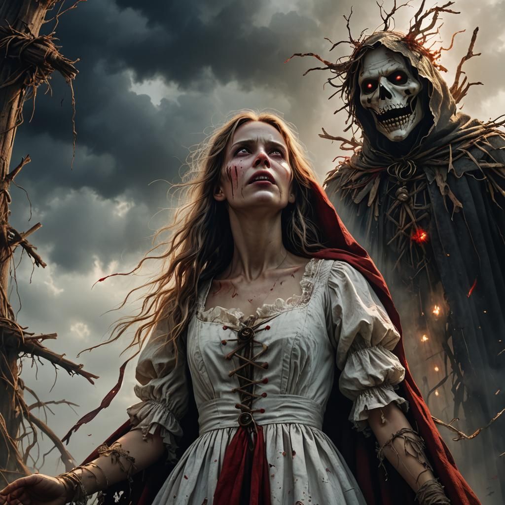 Woman's Horror at Red Scarecrow: Dark Fantasy Art