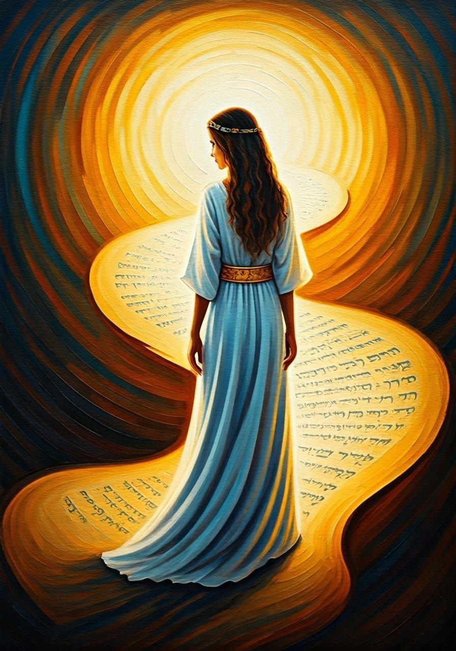 Mystical Woman Walking Torah Path in Dreamy, Impasto Style