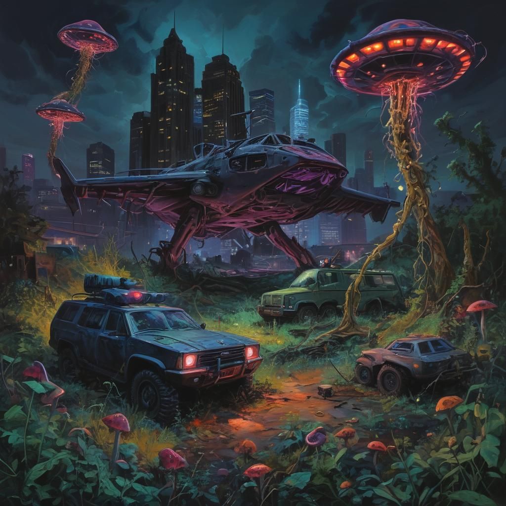 Surreal Minneapolis Skyline with Bioluminescent Flora