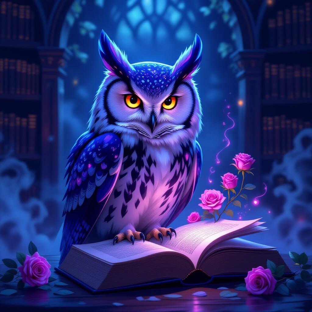 Glowing Spirit Owl in Mystical Library