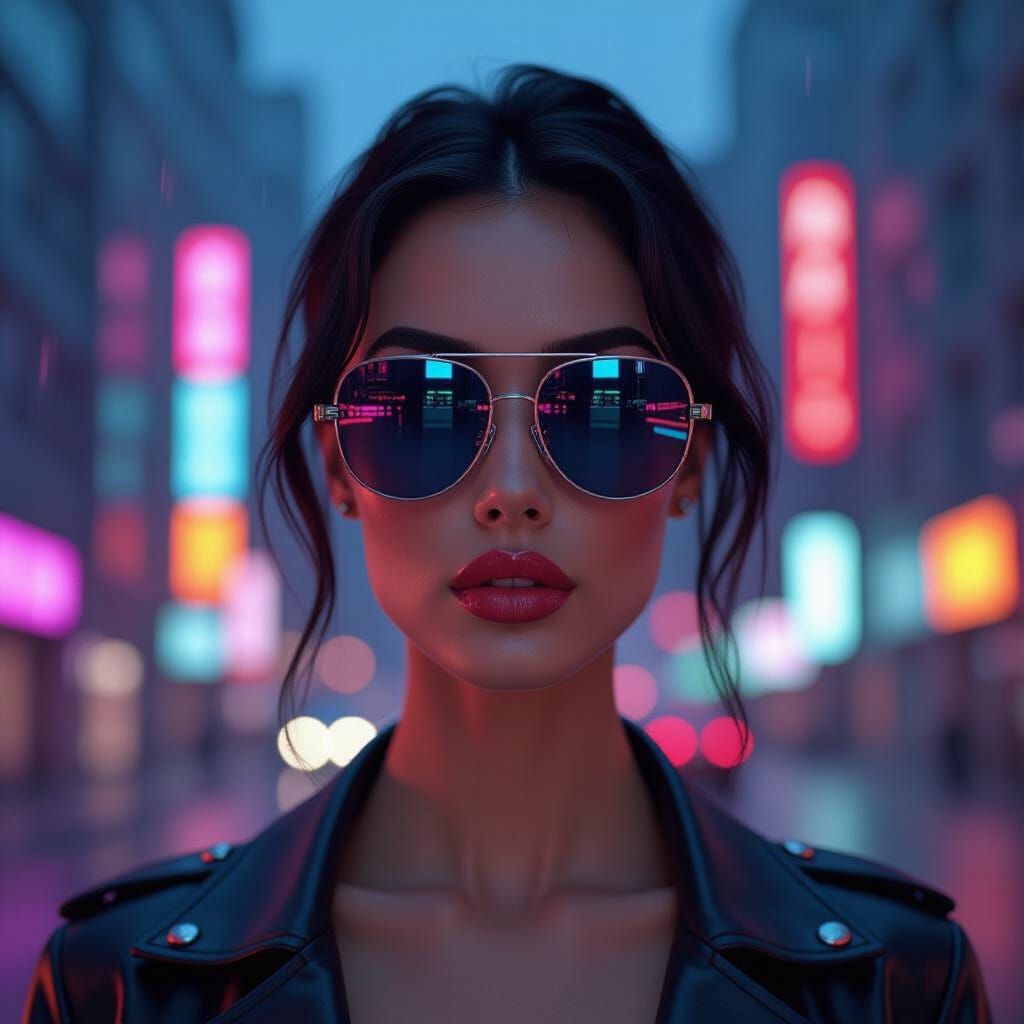 Cybernetic Woman in Neon Cityscape, Vintage Photo Style