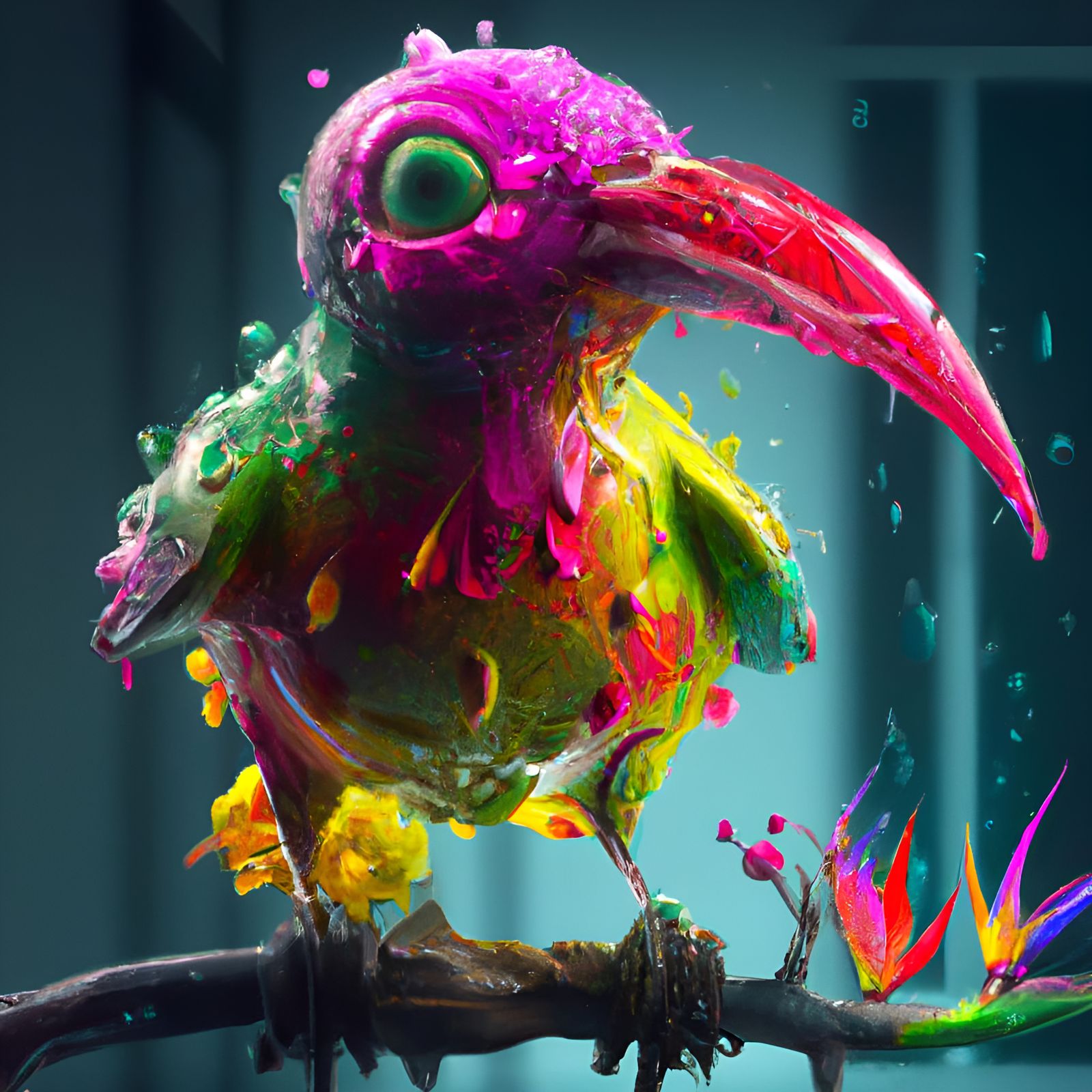 Day-Glo Paradise Bird in Bioluminescent Garden