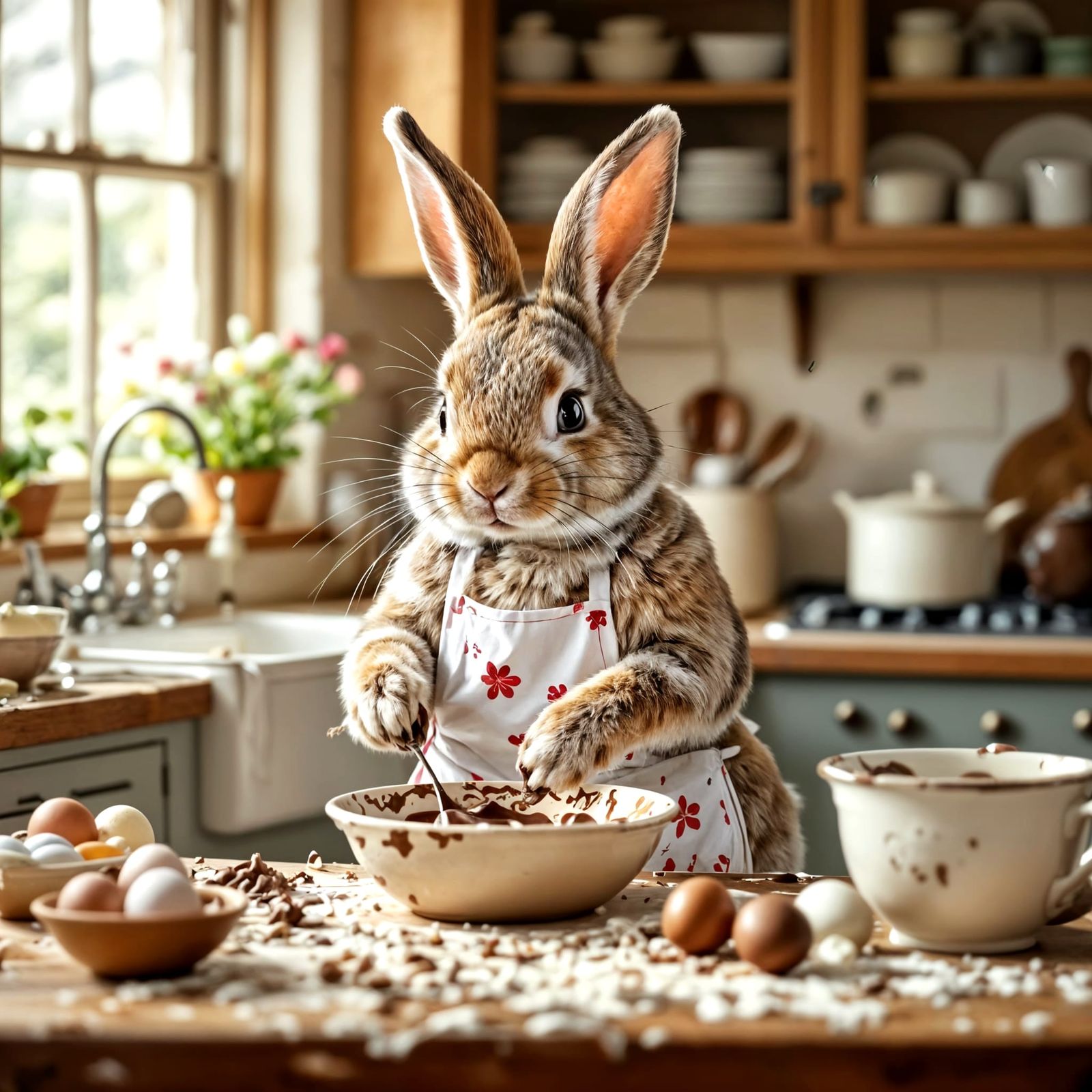 Whimsical Easter Bunny Bakes Chocolate Eggs in Cozy Kitchen