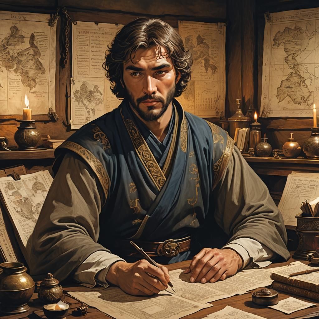 Young Marco Polo Writing in Candlelit Chamber