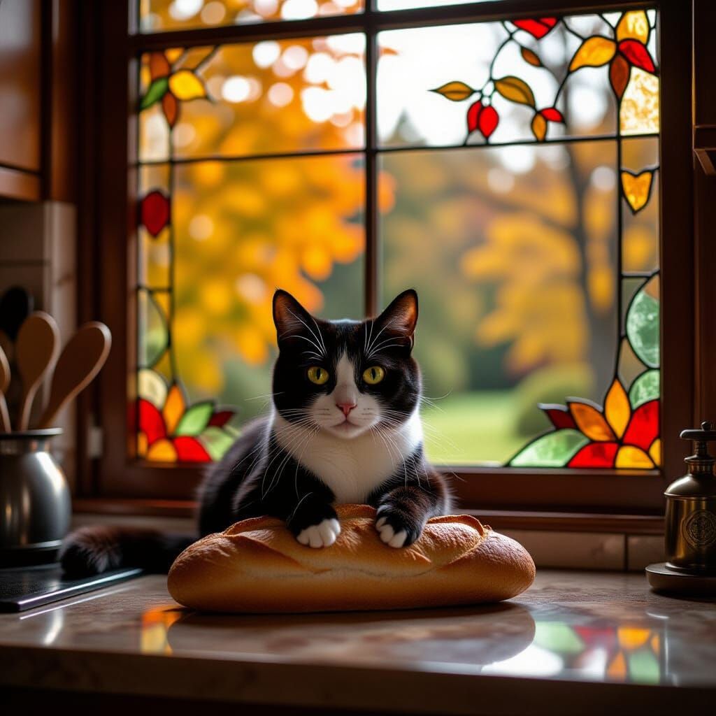 Hissing Tuxedo Cat Guards Italian Bread Before Autumn Staine...