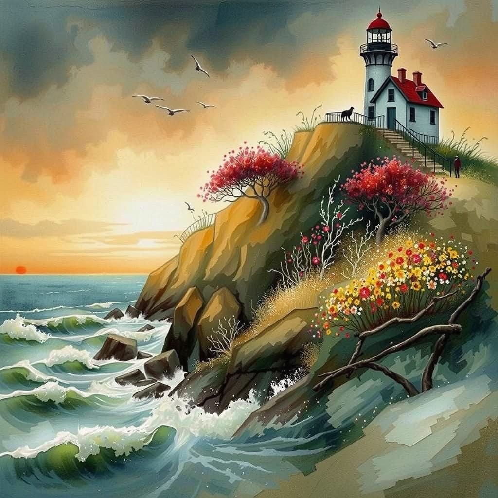 Surreal Coastline Scene with Lighthouse and Blooming Cliff