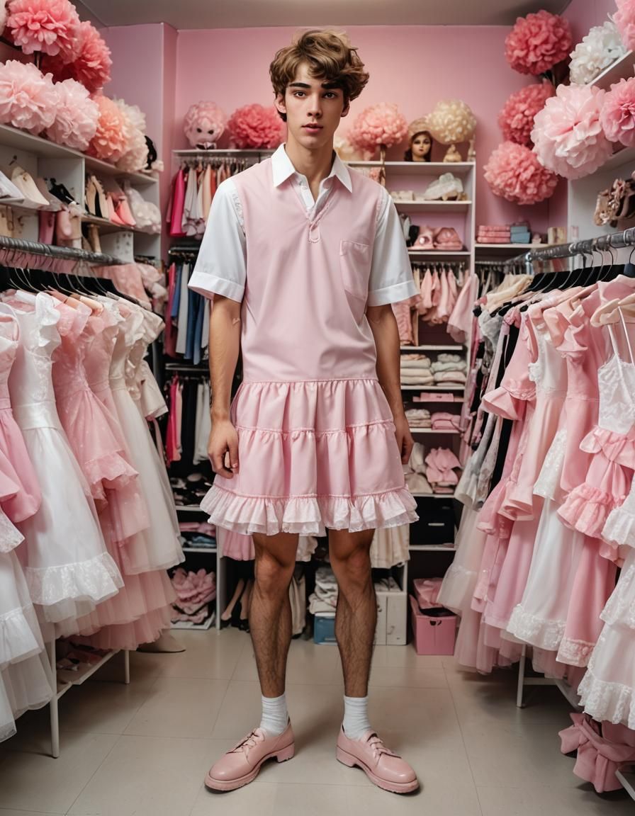 Masculine Man in Frilly Pink Dress, Studio Portrait