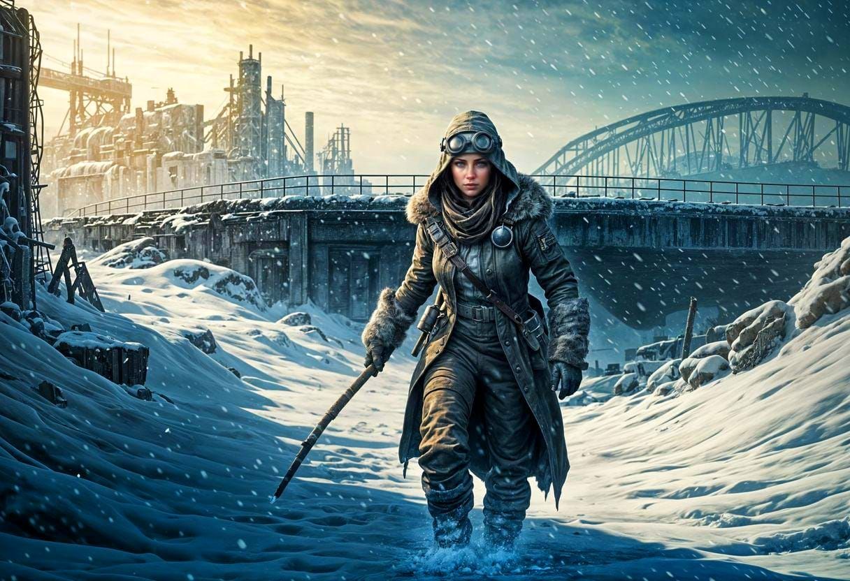 Winter Post Apocalyptic Survivor in Ruined Cityscape