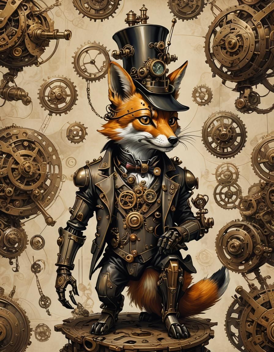 Steampunk Mecha Fox in a Surreal Style