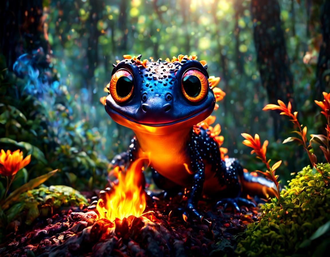 Smiling Fire Salamander in Jungle, Pixar Style