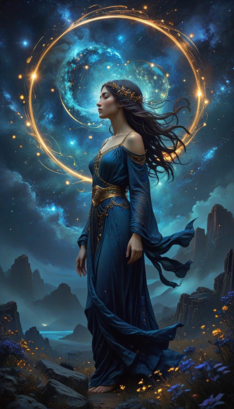 Ethereal Figure in Cosmic Landscape: Alphonse Mucha Style