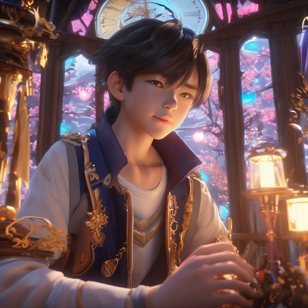 Boy with Hourglass Before Clock Tower, as 3D Anime Art