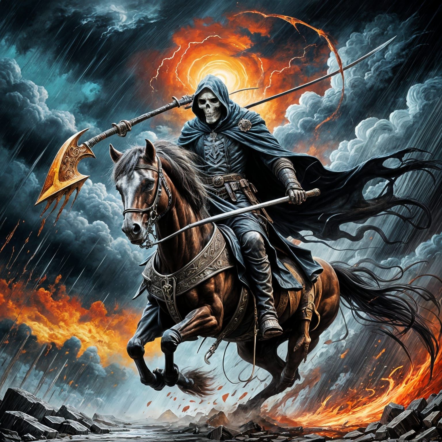 Skull Reaper Rides Armored Horse in Storm, Graffiti Art