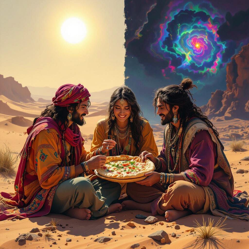 Three People Sharing Pita in Fantasy Landscapes