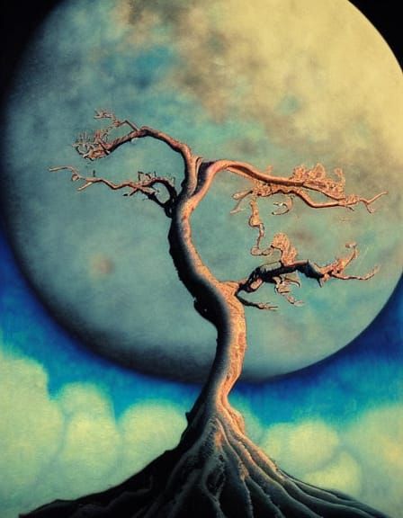 Surreal Landscape with Crescent Moon and Stars