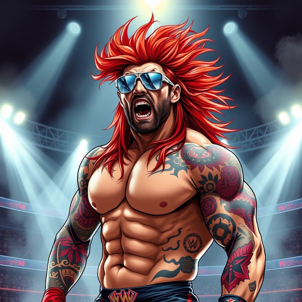 Muscled Wrestler in Fiery Red Hair and Tattoos, Wearing Silv...