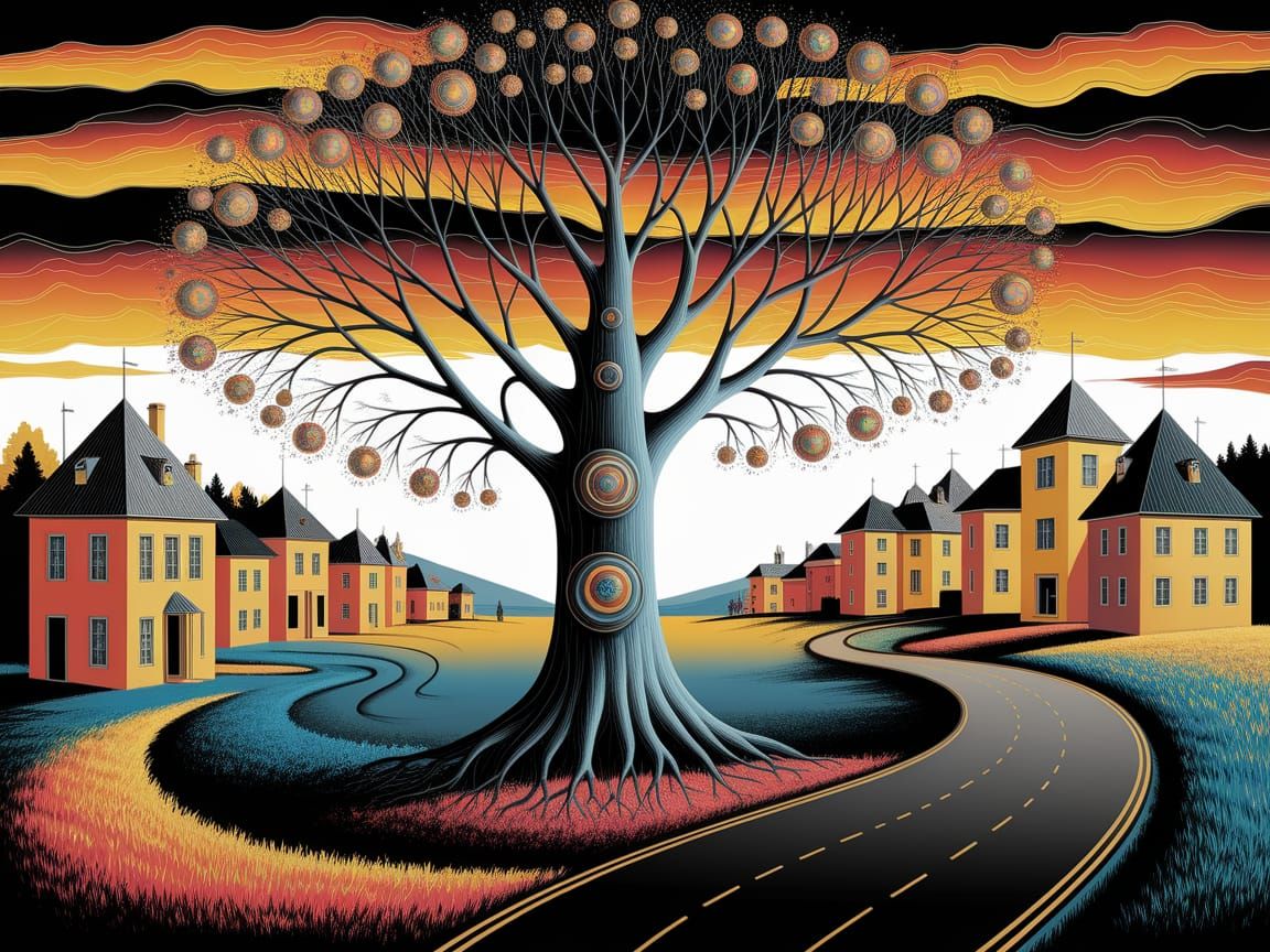 Surrealist Tree with Colorful Circles Above Village