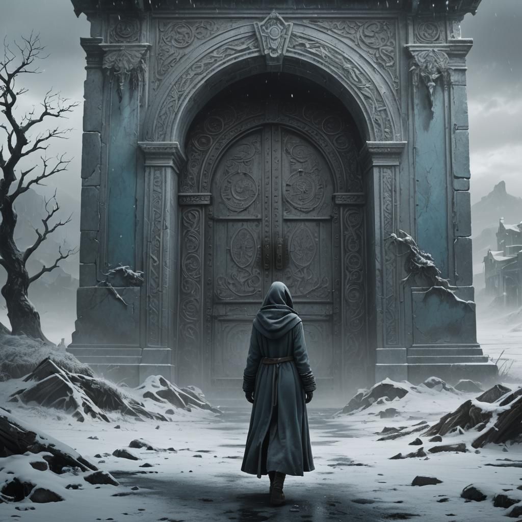 Muted Grayscale Fantasy Art: Woman at Ancient Door