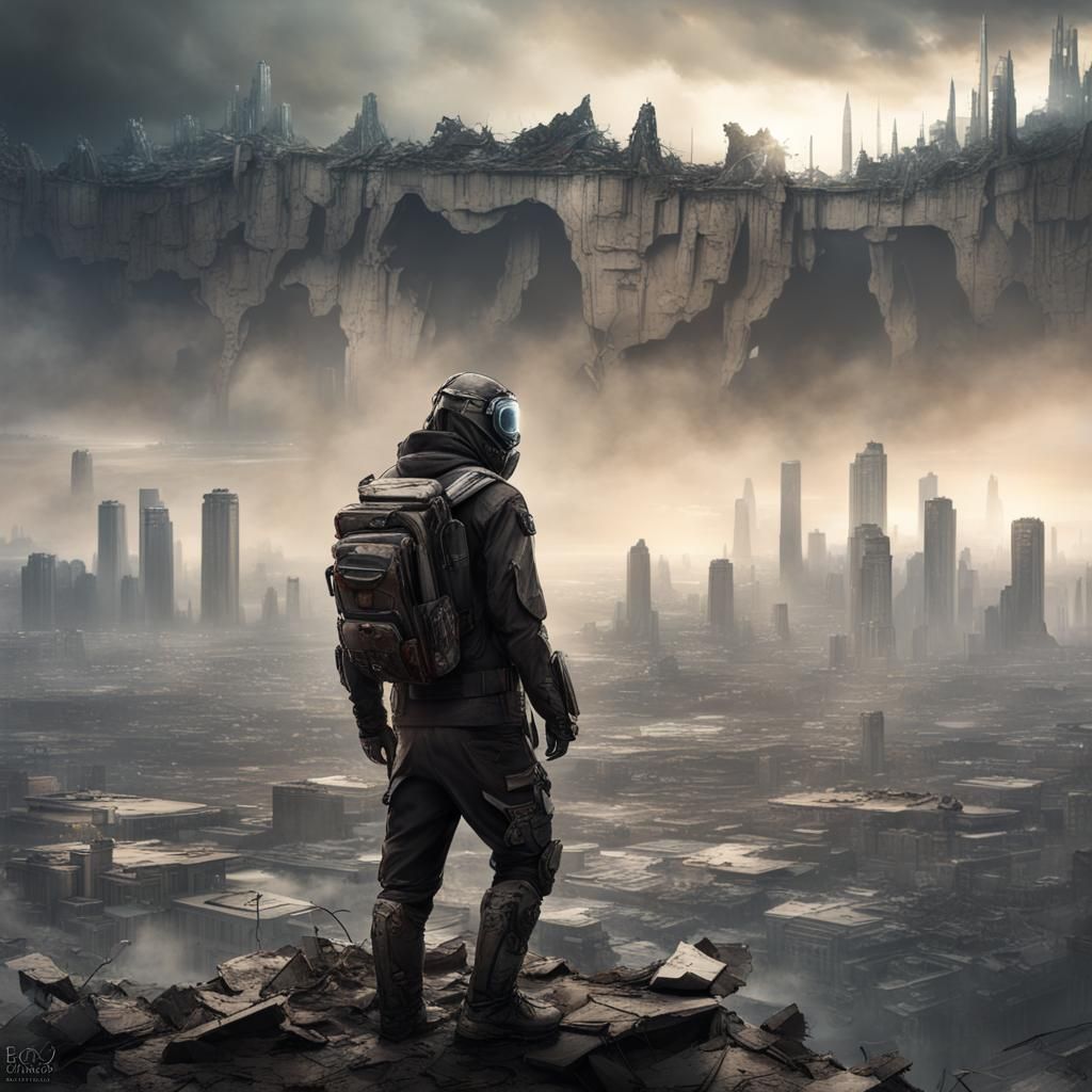 Dystopian Survivor Overlooks Apocalyptic Ruins