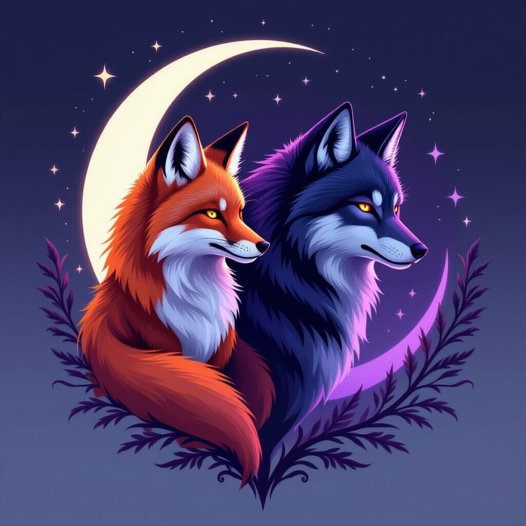 Mystical Duality: Fox, Wolf, and Crescent Moons