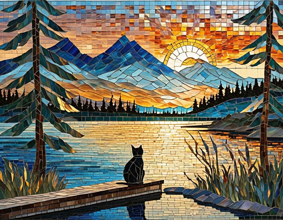 Glass Mosaic: Cat at Lake Sunset