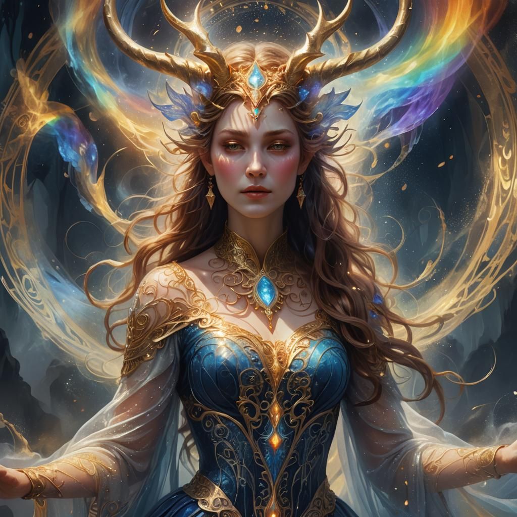 Mystical Horned Woman in Ethereal Mist