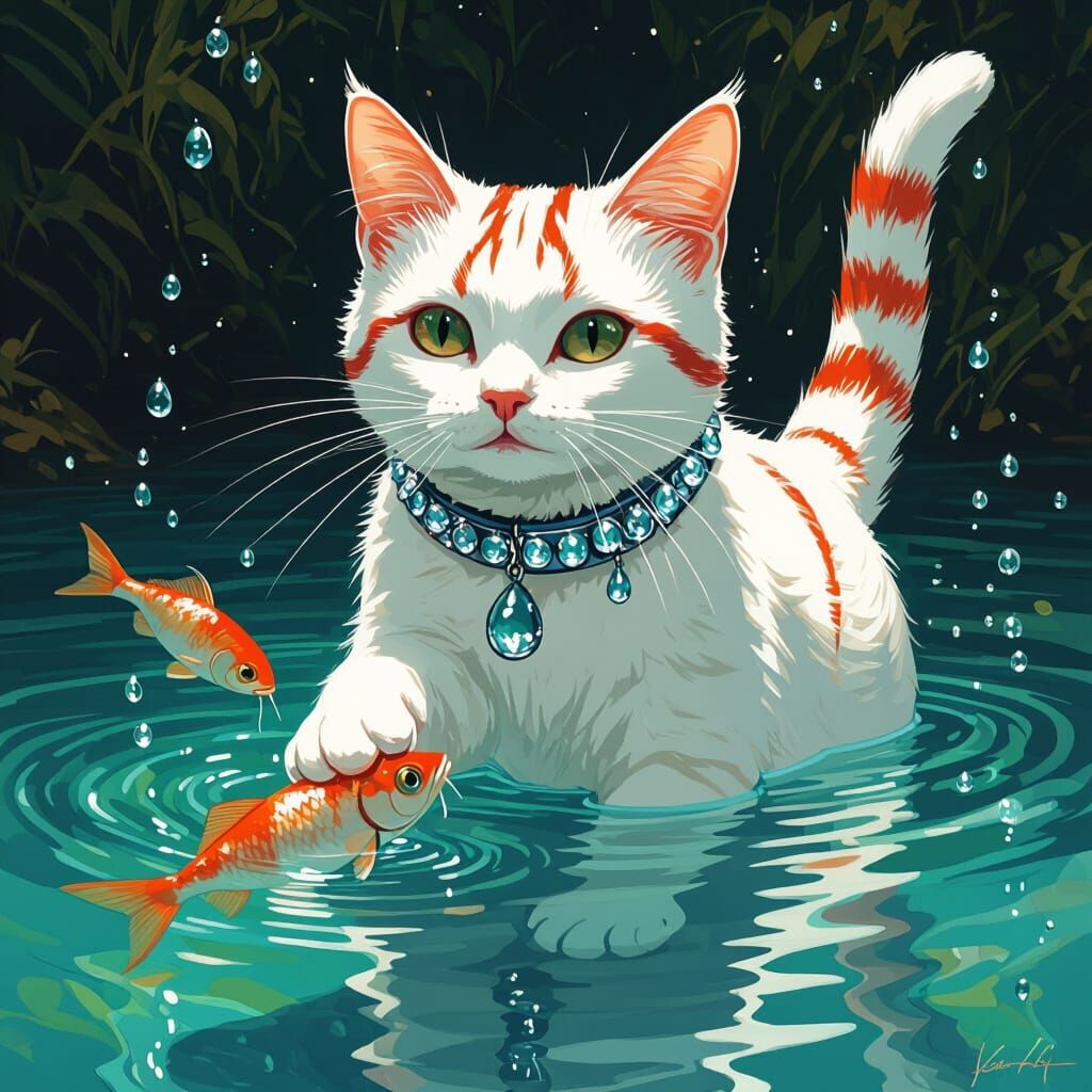 Red Striped Cat Fishing, Digital Art