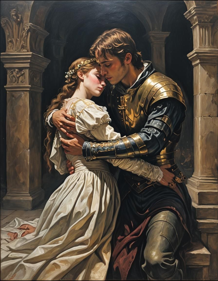 Romeo and Juliet dying in each others arms in the crypt in Verona at night, close up, oil on canvas