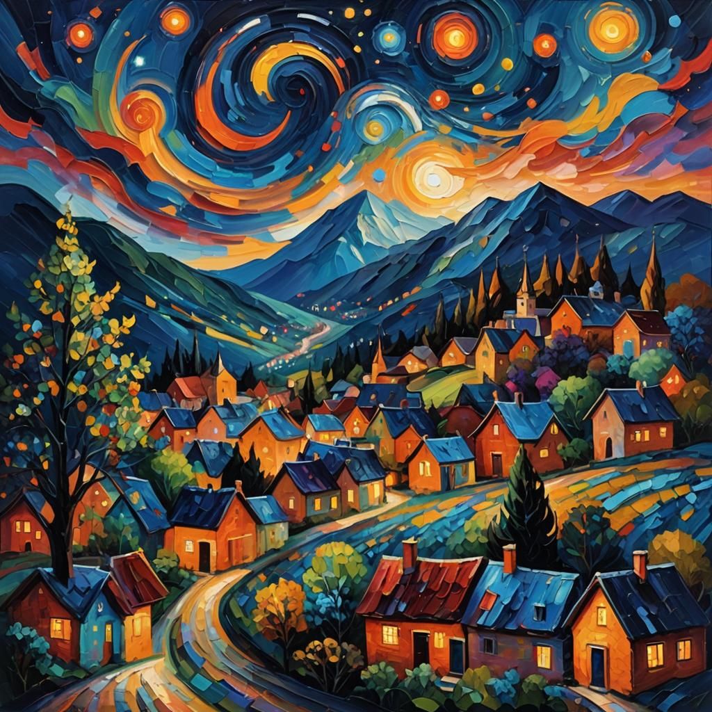 Expressionist Village Under Swirling Starry Night Sky