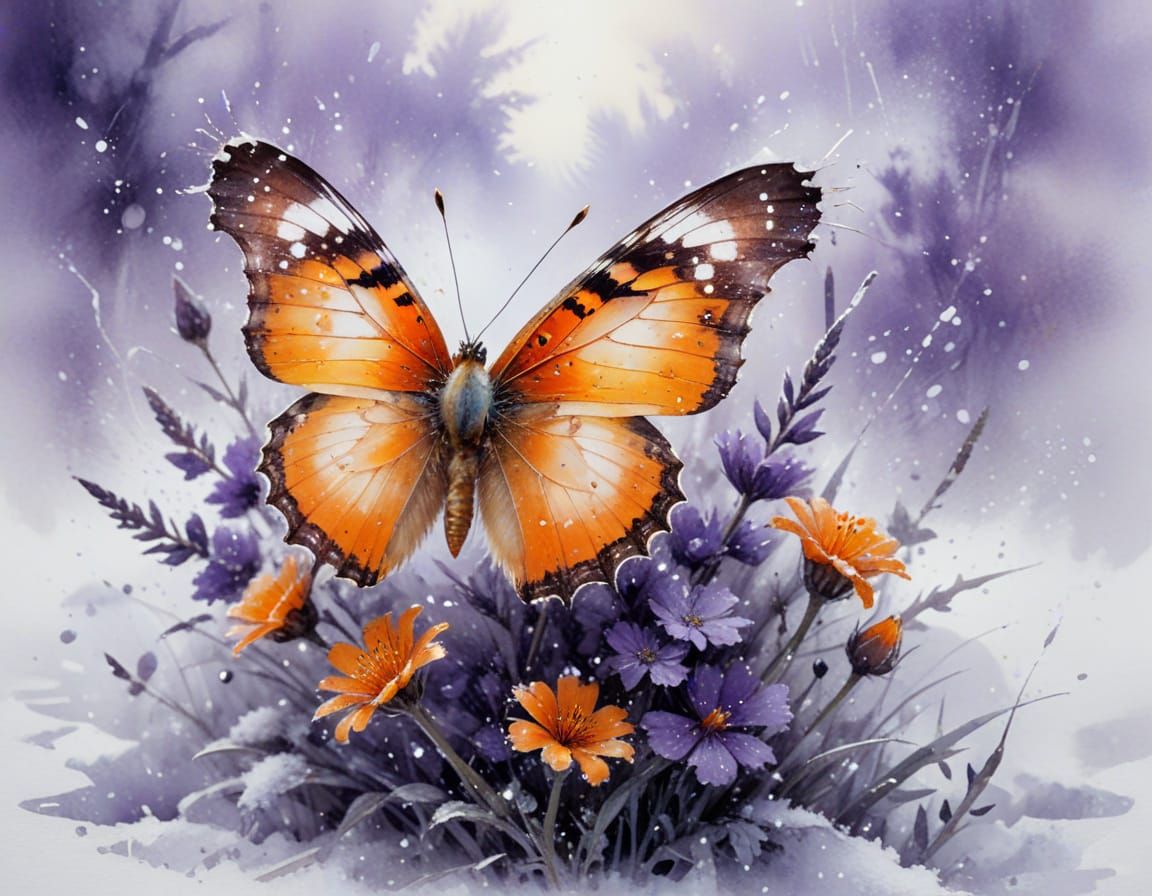 Orange Butterfly on Frosted Flower in Snowy Landscape