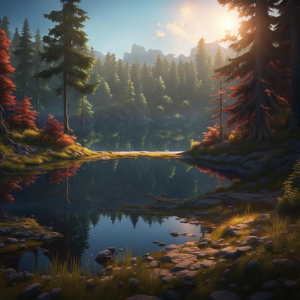 Serene Sunrise at Loneliest Lake: Matte Painting