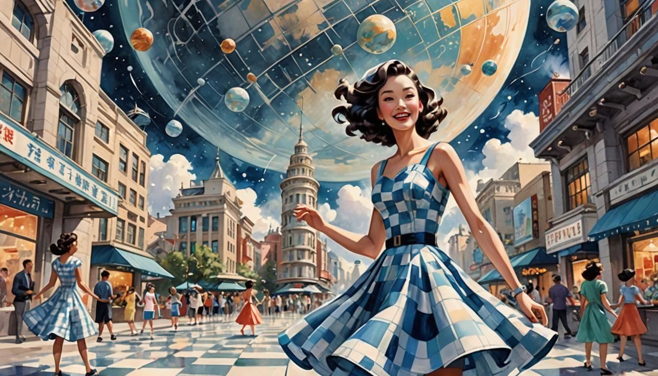 Elegant Woman in Retro-Futuristic City, Chinese Watercolor S...