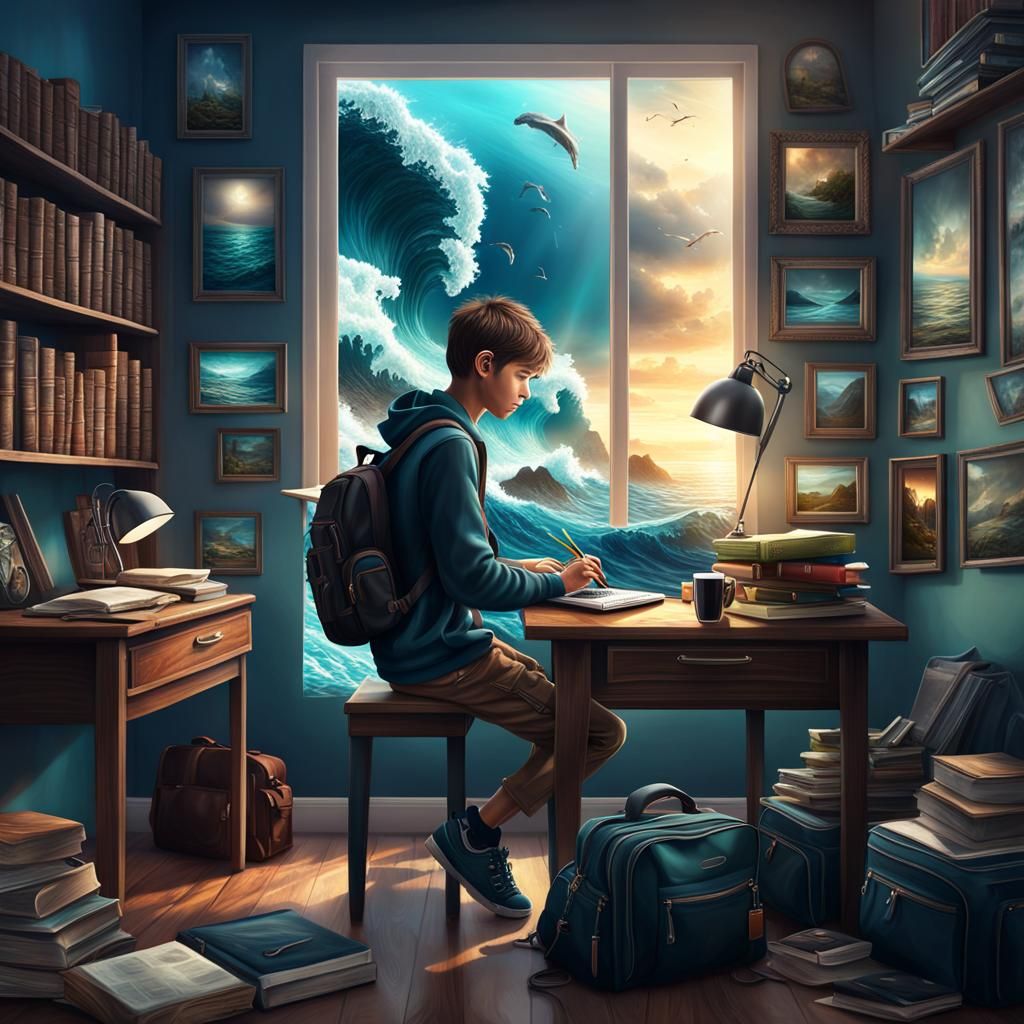 Boy Studying with Sea View, Digital Matte Painting