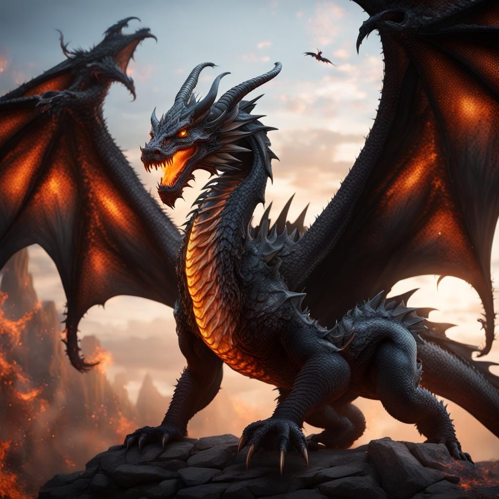 Fire-Breathing Dragon with Black Wings Concept Art