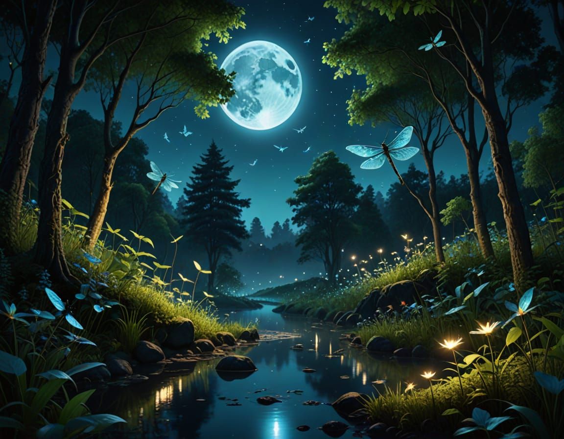 Enchanted Forest at Blue Night with Fireflies