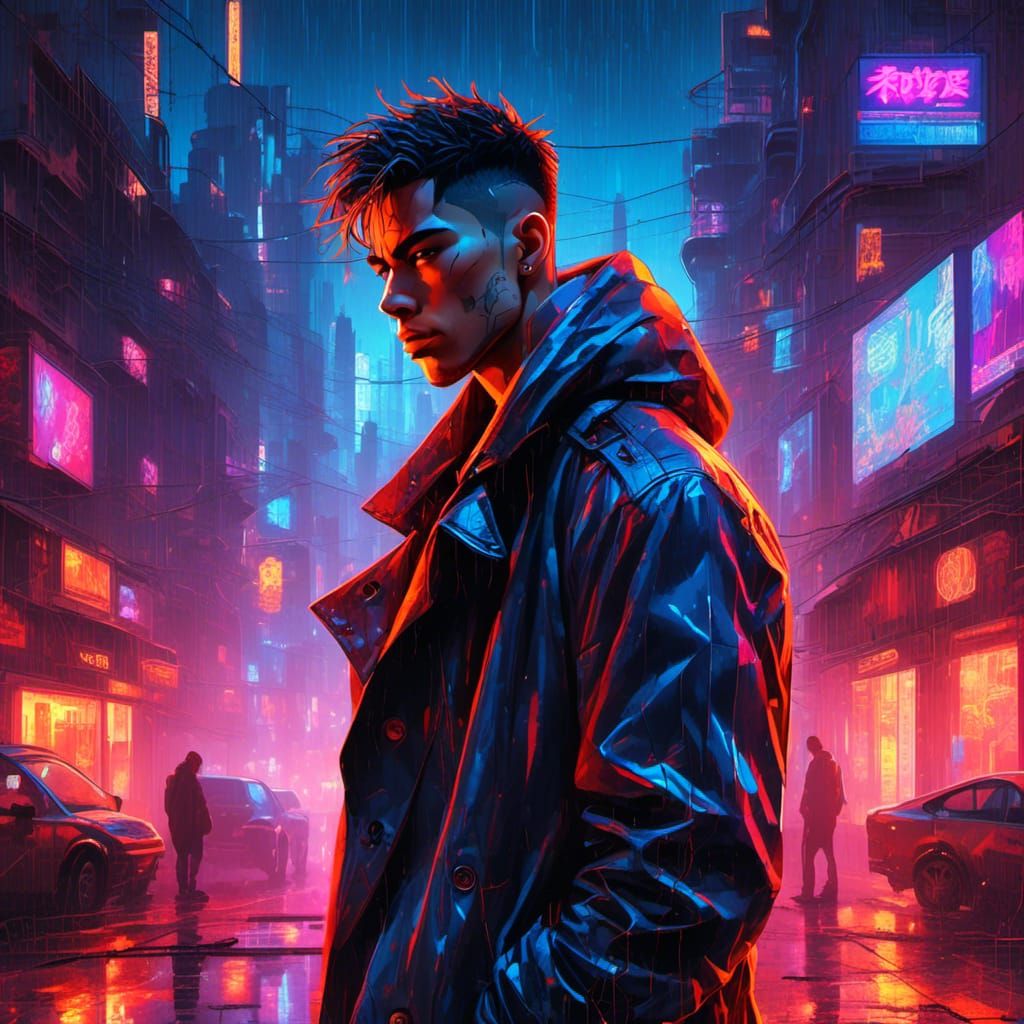 Cybernetic Cyborg in Dystopian Cyberpunk Cityscape