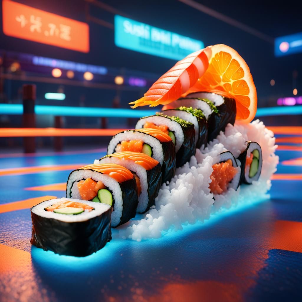 Sushi Roll Plays Basketball on Neon Court