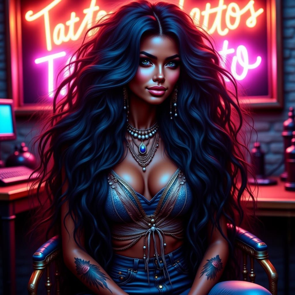 Regal Tattooed Princess in Neon Glow