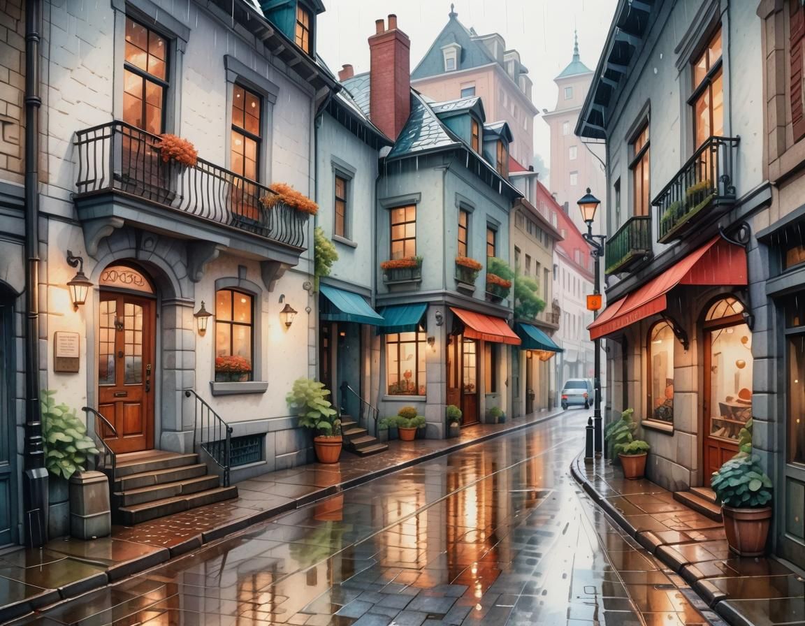 Rainy Cobblestone Street in Gouache Watercolor Style