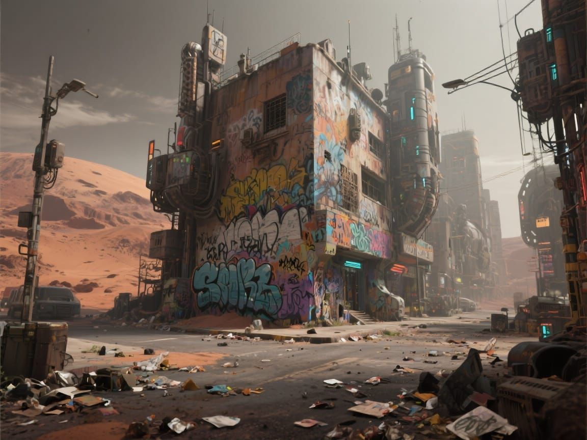 Dystopian Graffiti Downtown on Mars in Cyberpunk Style