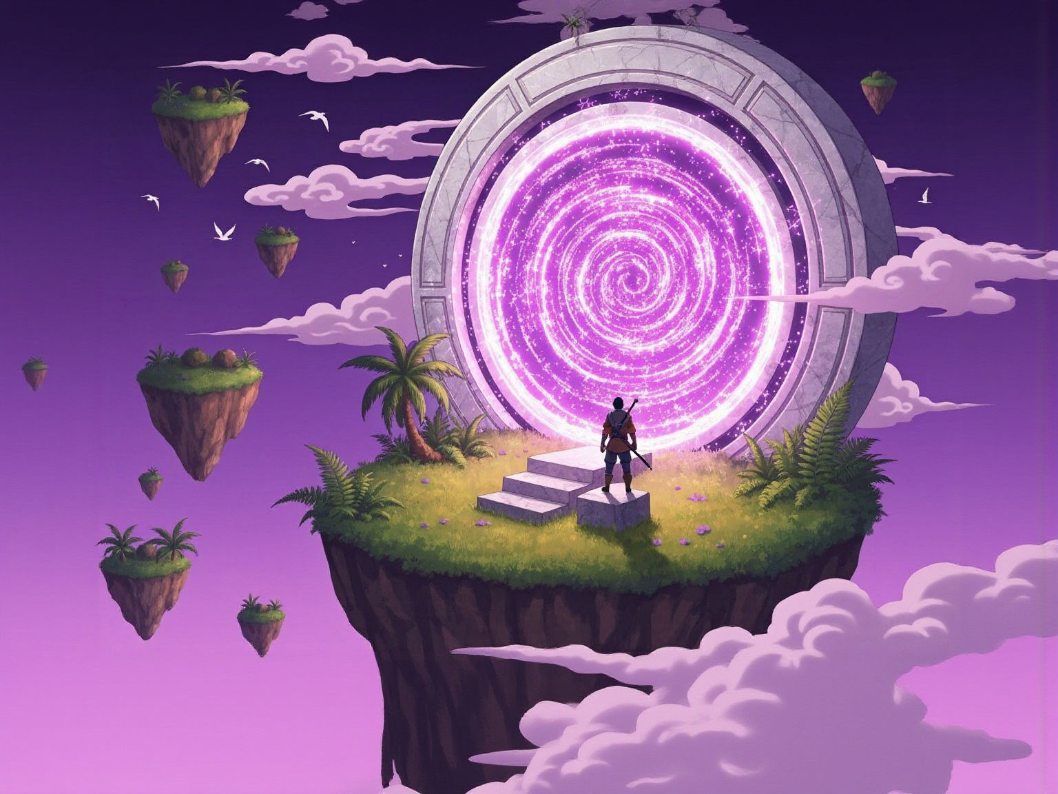 Adventurer at Purple Swirling Portal on Floating Island