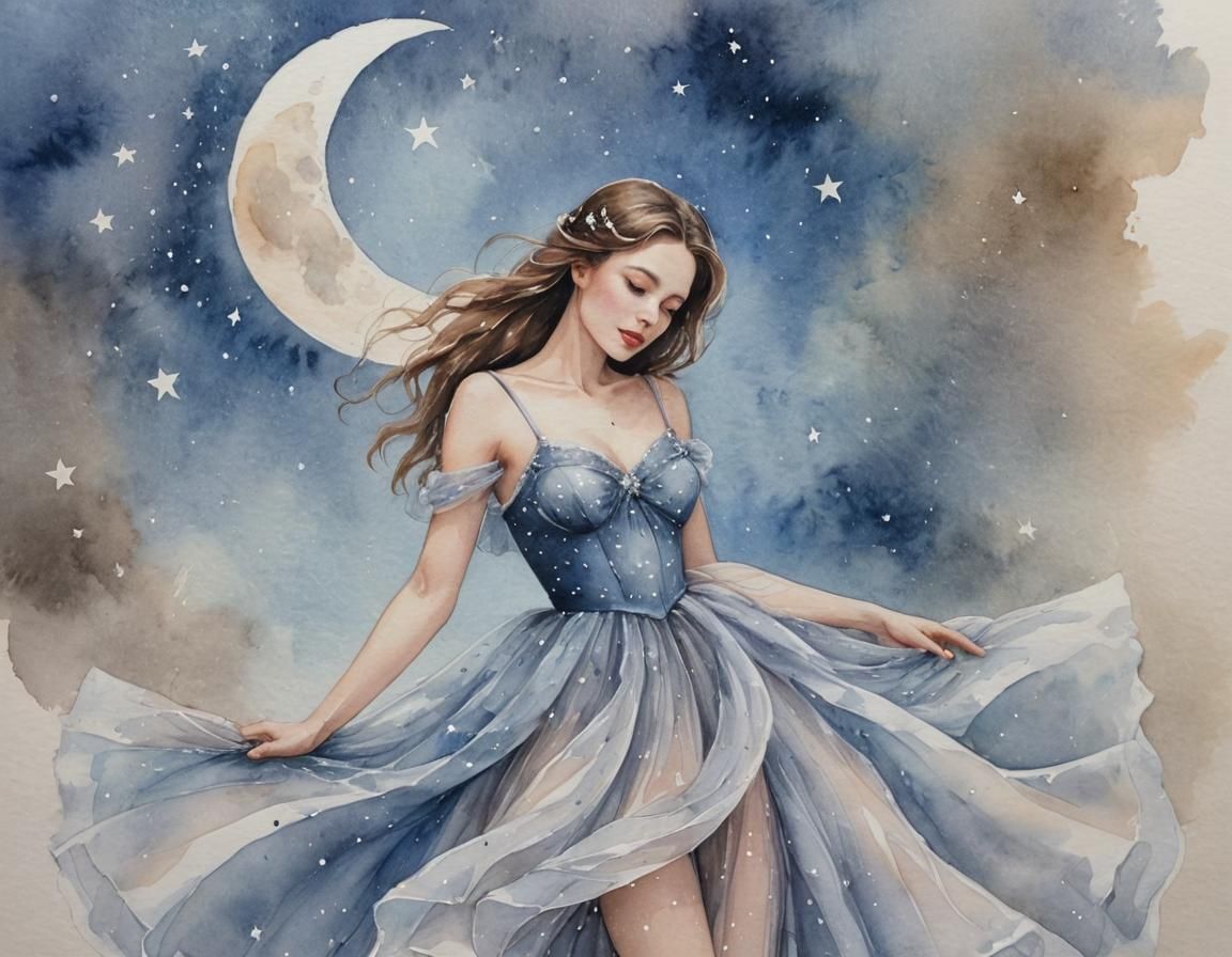 Watercolor Woman in Starry Dress Vignette