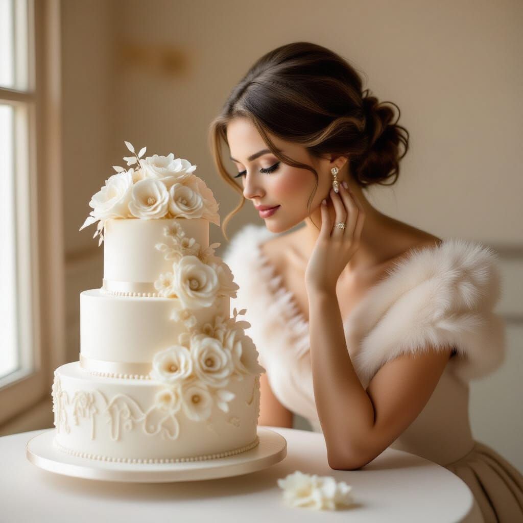 Elegant Woman Admiring A Detailed Celebration Cake