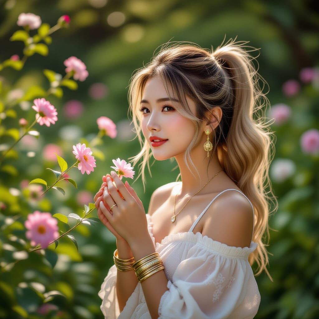 Joyful Korean Woman in Enchanted Night Garden