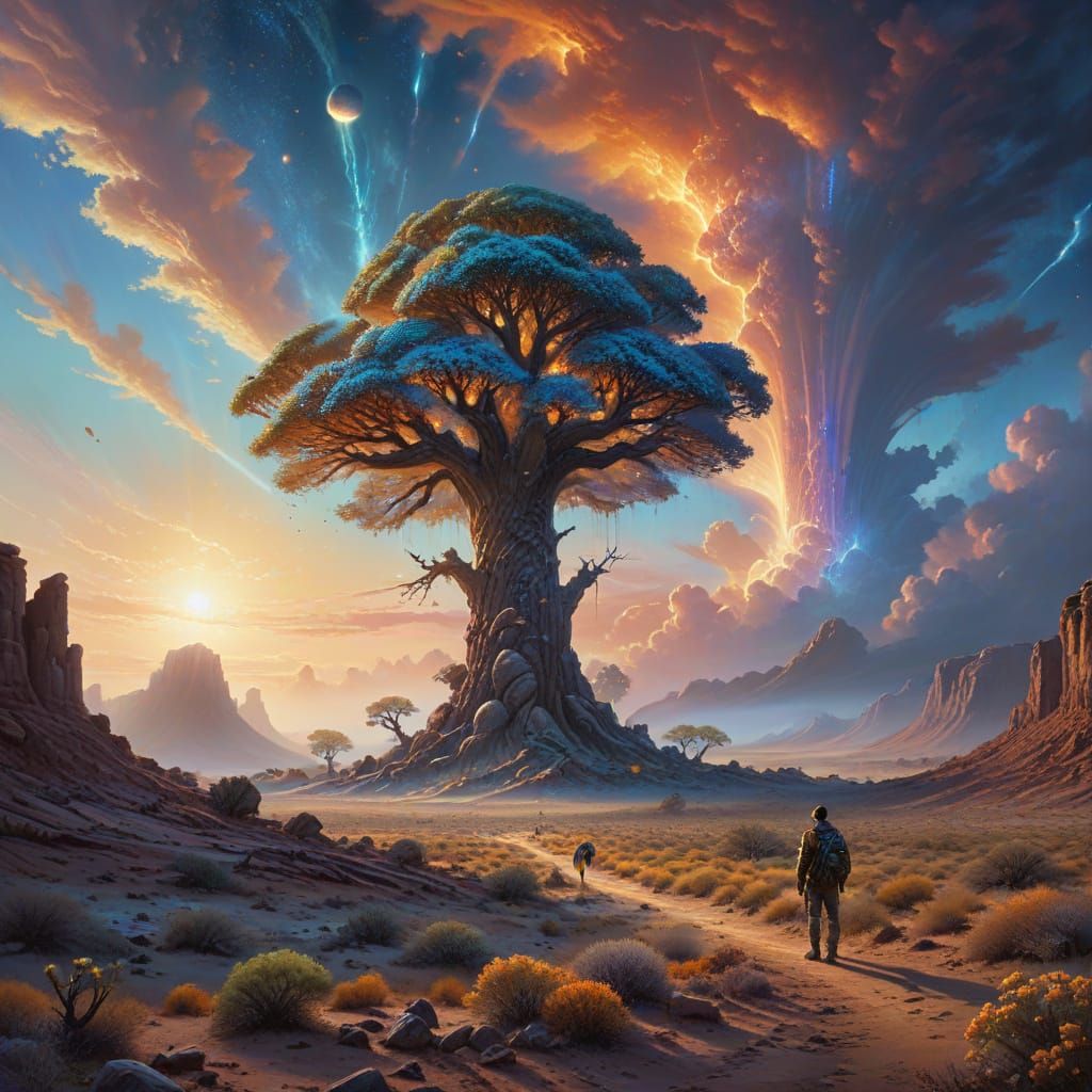 Bioluminescent Tree in Alien Desert: Surreal Landscape