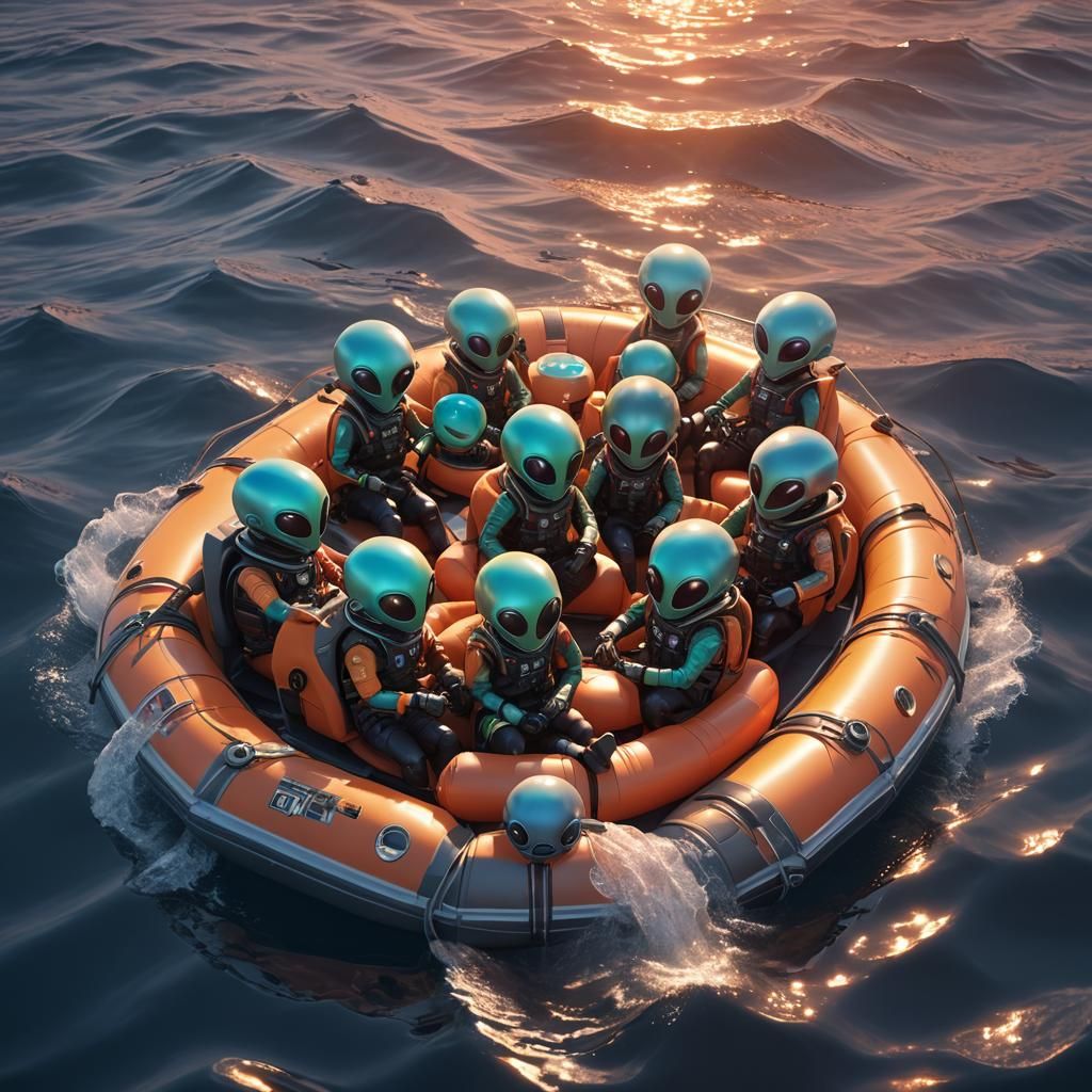 Cute Aliens are sitting inside an inflatable life boat.
