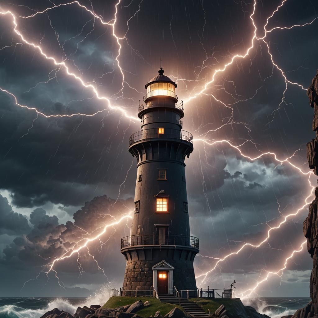 Lighthouse with Laser Beams and Lightning