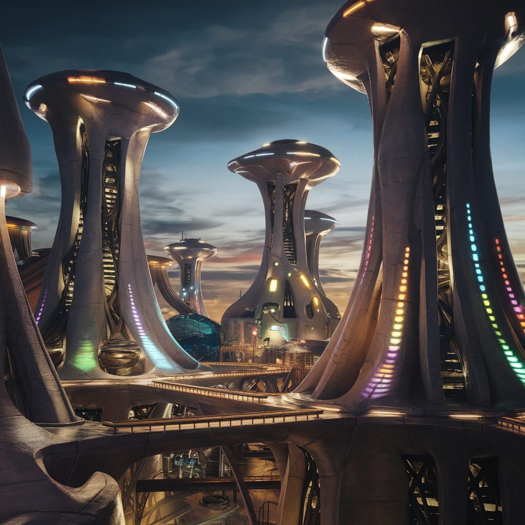 Alien City at Night with Glowing Towers