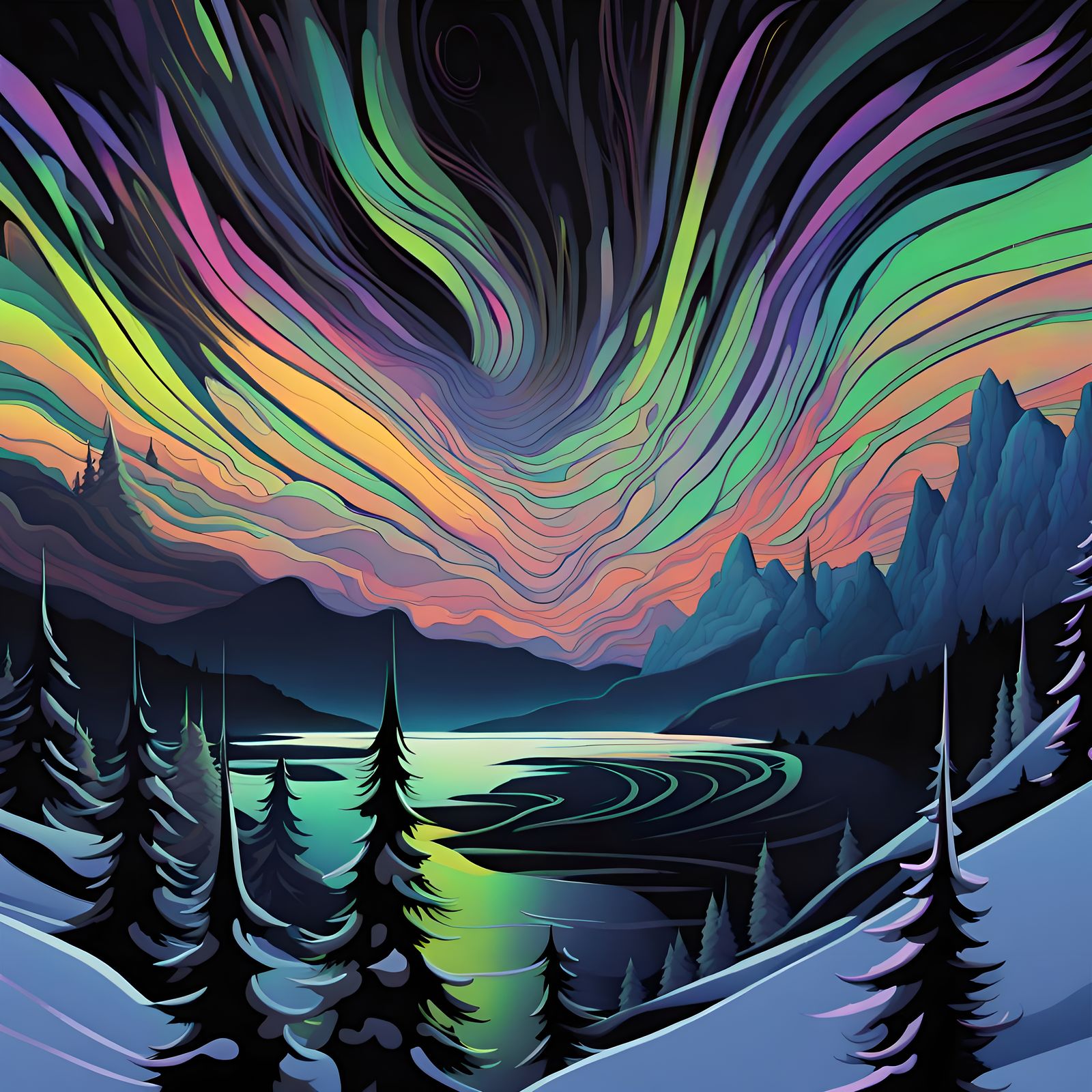 Aurora Borealis Over Forest in Abstract Style